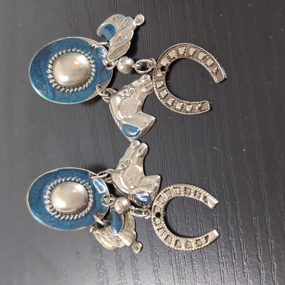 Blue and Silver Western Cowboy Hat Earrings With Charms Horse Earrings Dangling